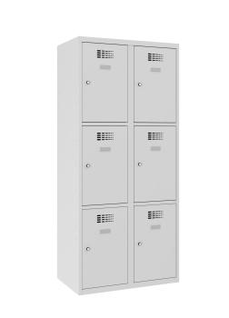 Ein lichtgrauer Fächerschrank mit zwei Abteilen und sechs Fächern mit jeweils einer Tür. Alle Türen sind geschlossen. Der Schrank steht vor einem weißen Hintergrund.